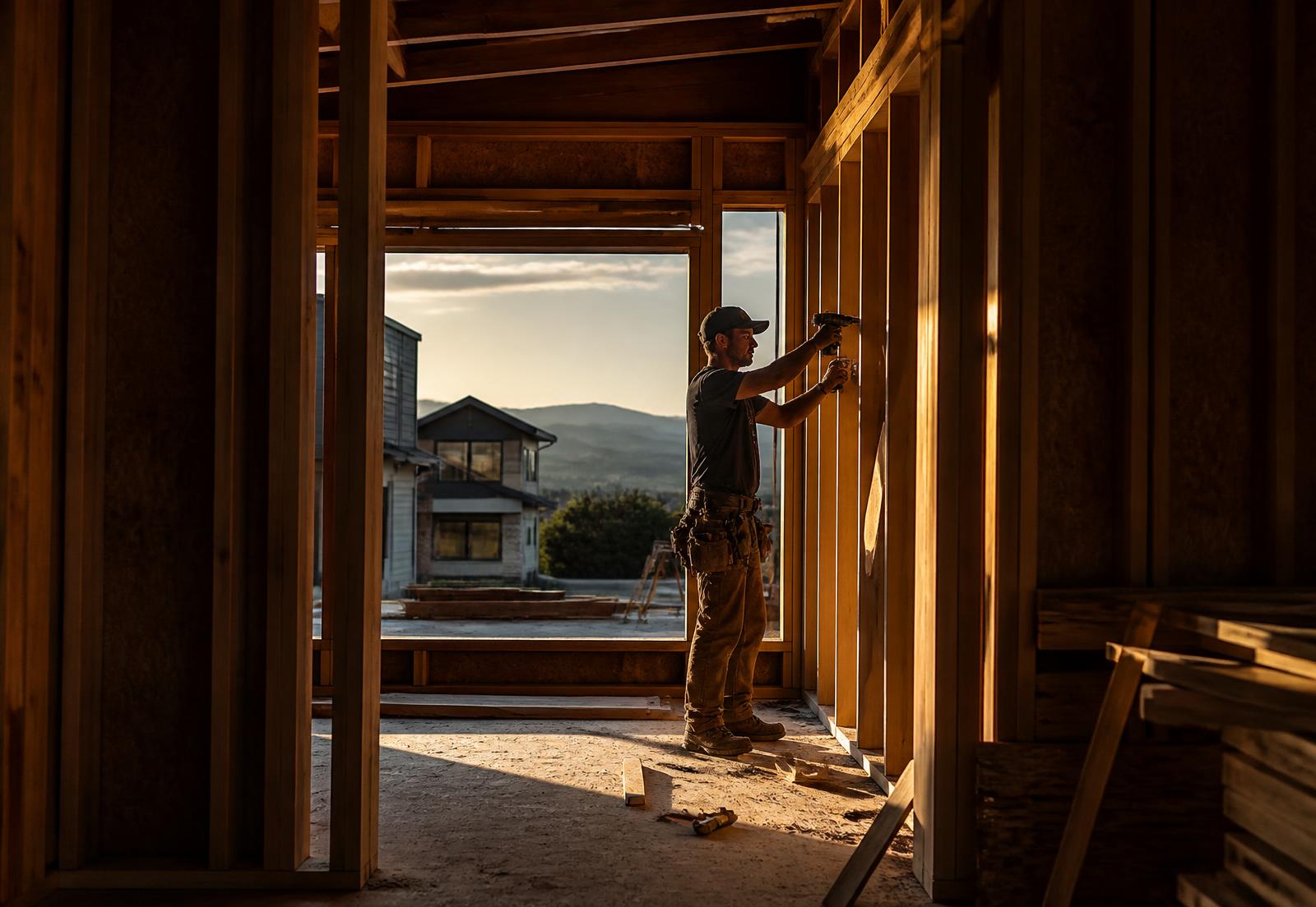 Carpenter framing a new home at sunset in central Alberta